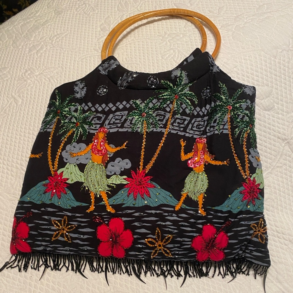 Tropical Print Handbag with Bamboo Handles